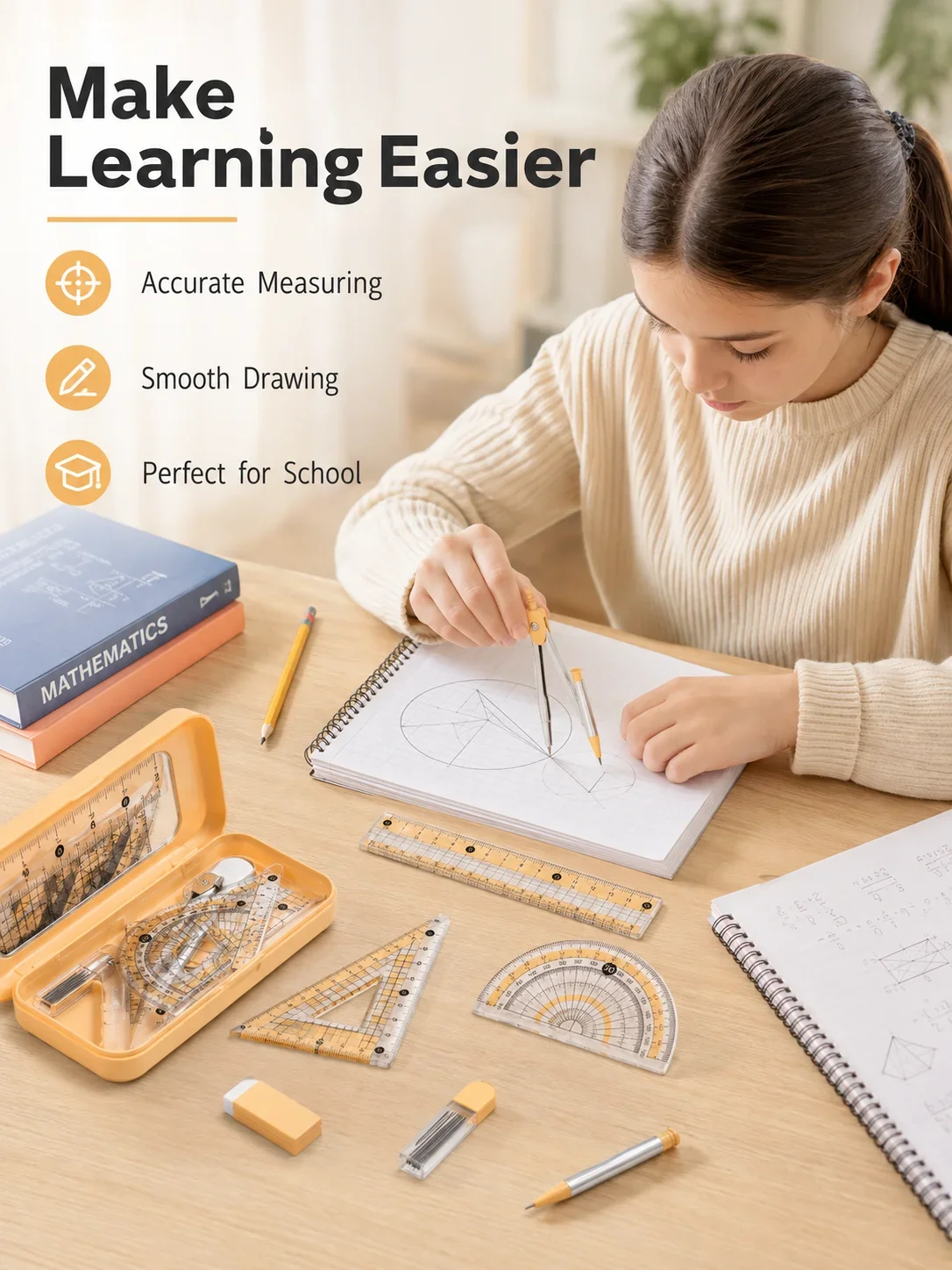 Math Geometry Set With Compass - مجموعة أدوات هندسية للرياضيات مكونة من